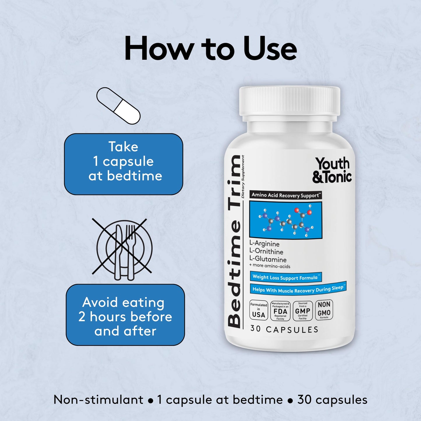 Youth & Tonic PM Bedtime Trim for Lean Appearance & Muscle Definition Support – Nighttime Amino Acids Supplement for Overnight Recovery, Men & Women, 30 Capsules Youth & TonicBuy Supplements Australia