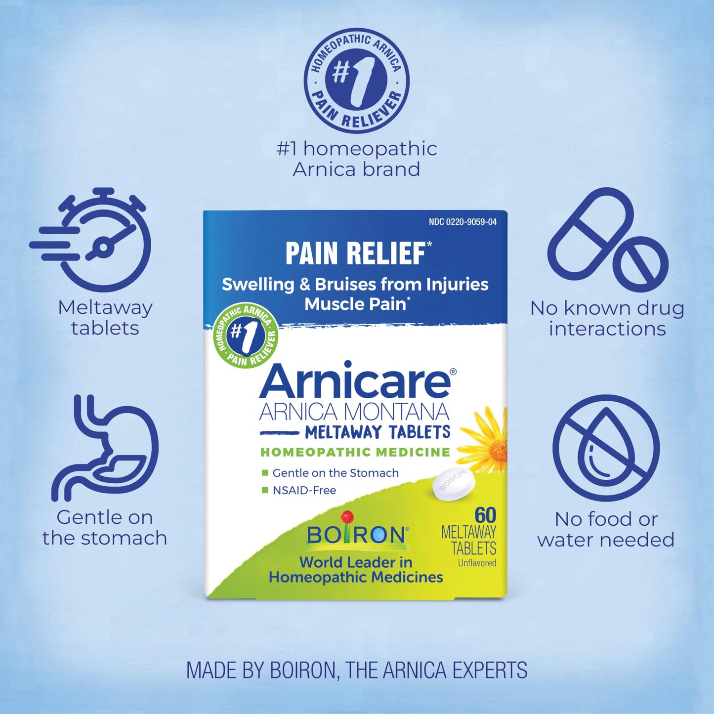 Boiron Arnicare Tablets - 100 Count for Pain Relief from Muscle Pain, Joint Soreness, Swelling from Injury or Bruises - Arnica Meltaway Tabs BoironBuy Supplements Australia