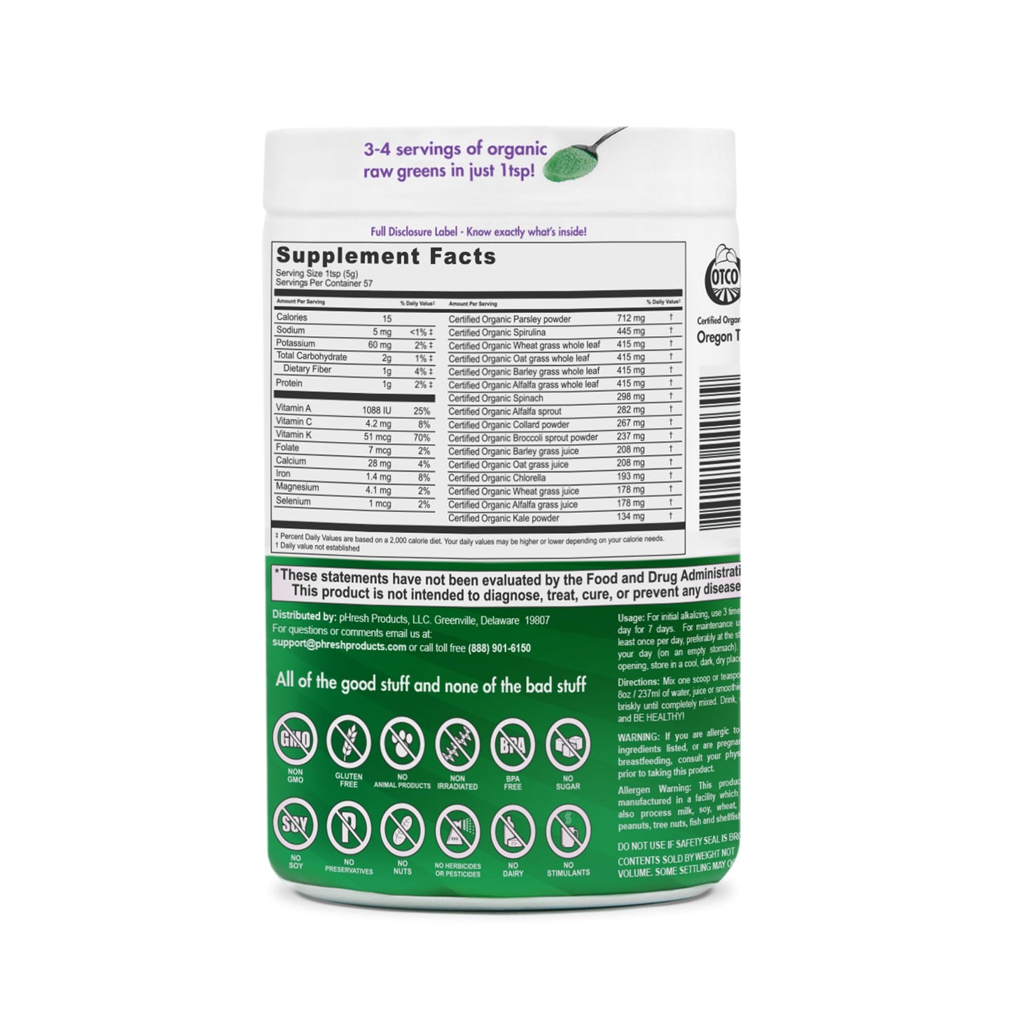pHresh - Greens Raw Alkalizing Superfood Greens Powder - 2 Month Supply - Vegan, Kosher, Gluten Free - Natural Enzymes, Nutrients - Approved for Intermittent Fasting - 10 oz Phresh ProductsBuy Supplements Australia