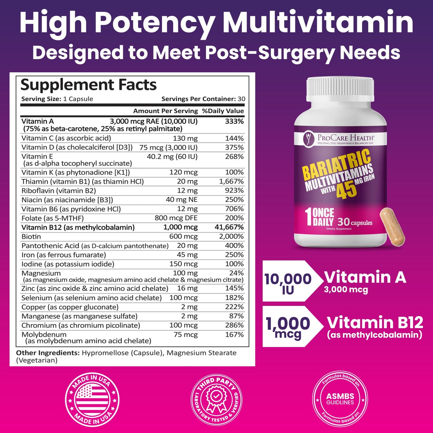 ProCare Health Bariatric Multivitamin with 45mg Iron (30 Easy to Swallow Capsules) - Once Daily Post-Op Support for Gastric Bypass ProCare HealthBuy Supplements Australia