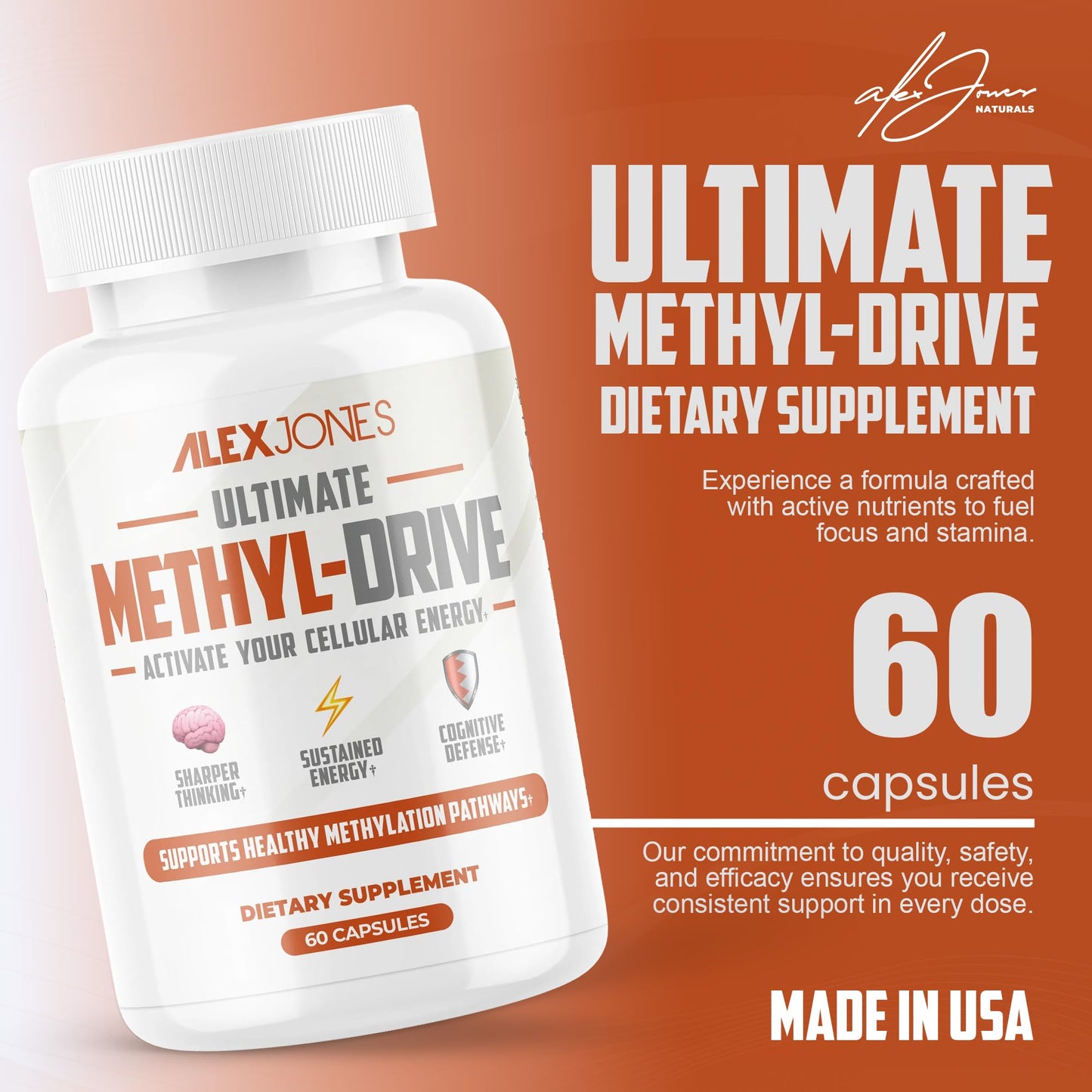 Alex Jones Naturals Methyl Drive Vitamin B Methylated Complex Formula – Mitochondrial Support Supplement w/ CoQ10, PQQ Supplement, Magnesium, B Methylated Complex & BioPerine – 60 Capsules Alex Jones NaturalsBuy Supplements Australia