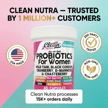 Clean Nutraceuticals Probiotics for Women with D Mannose, Cranberry Extract, Wild Yam, Chasteberry - 20 Probiotic and Prebiotic Strains - PH Balance, Womens Probiotic for Digestive Health - 60 Count Clean NutraceuticalsBuy Supplements Australia