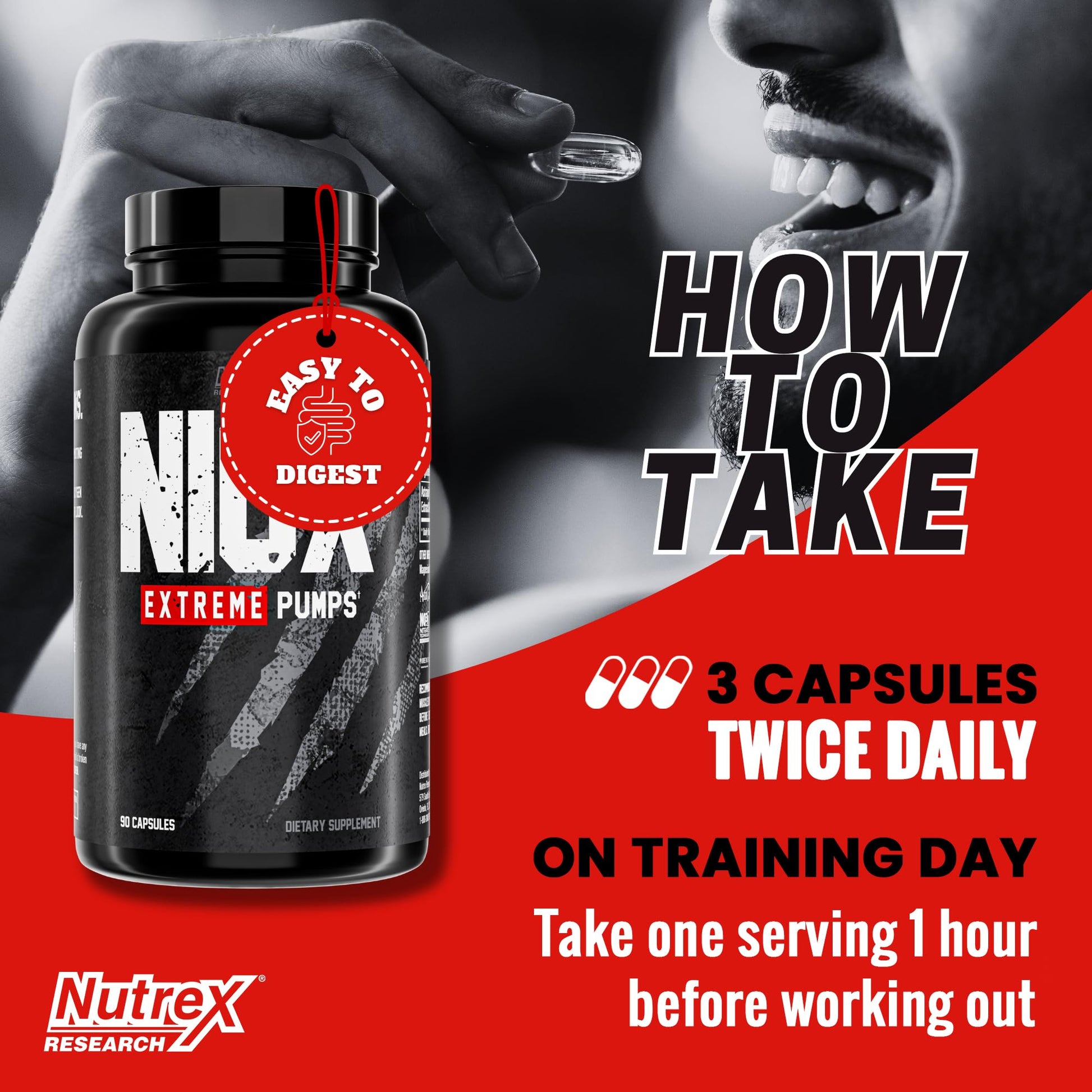 Nutrex Research NIOX Extreme Pumps - 180-Count Pre-Workout Pump Supplement with Arginine Nitrate, Vitamin C, AstraGin for Muscle Pump, Vascularity, Endurance, NO3-T