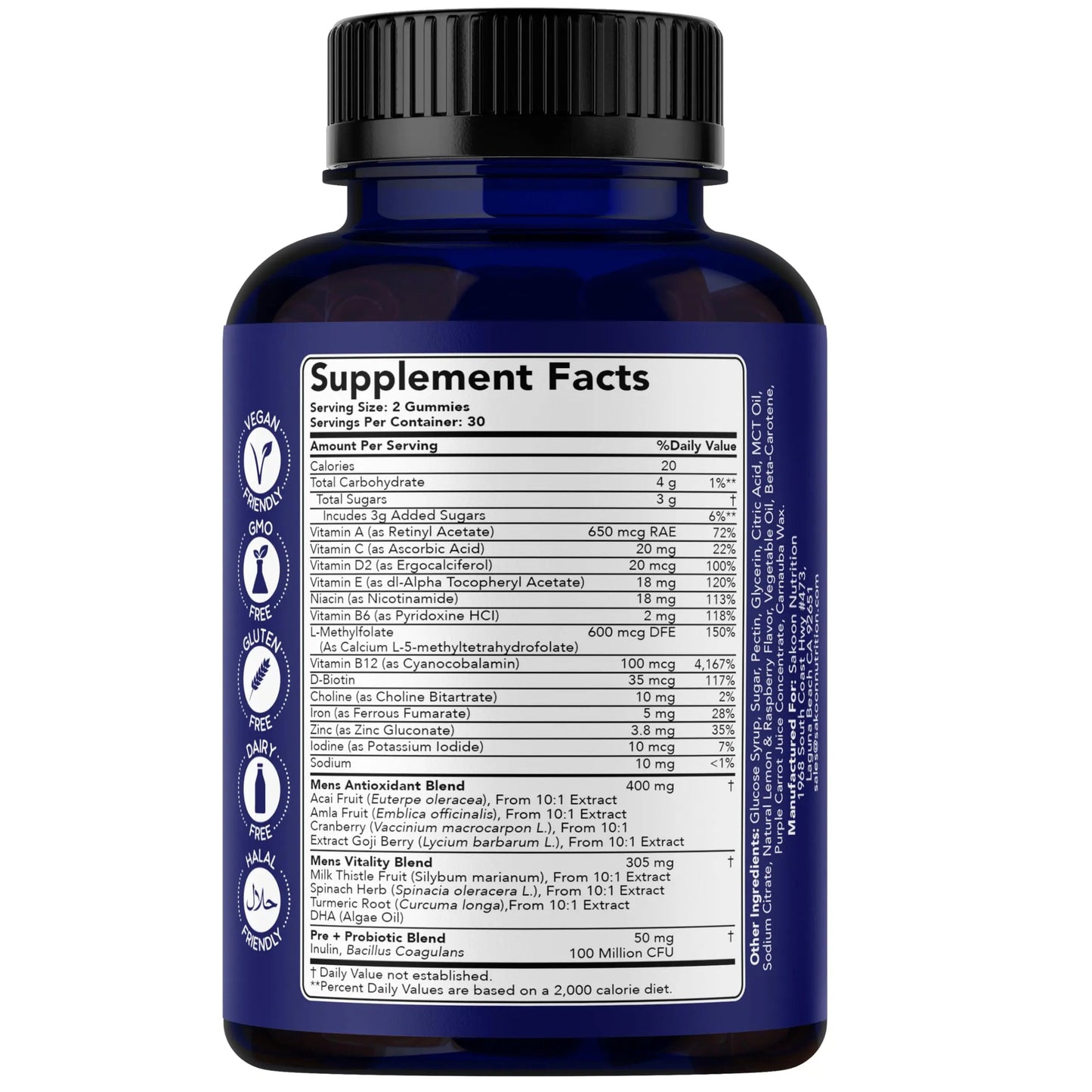 Sakoon nutrition Men's Multivitamin Gummies with Probiotics and Prebiotics, Adult Multivitamin A, C, D, E, B & More Sakoon nutrition