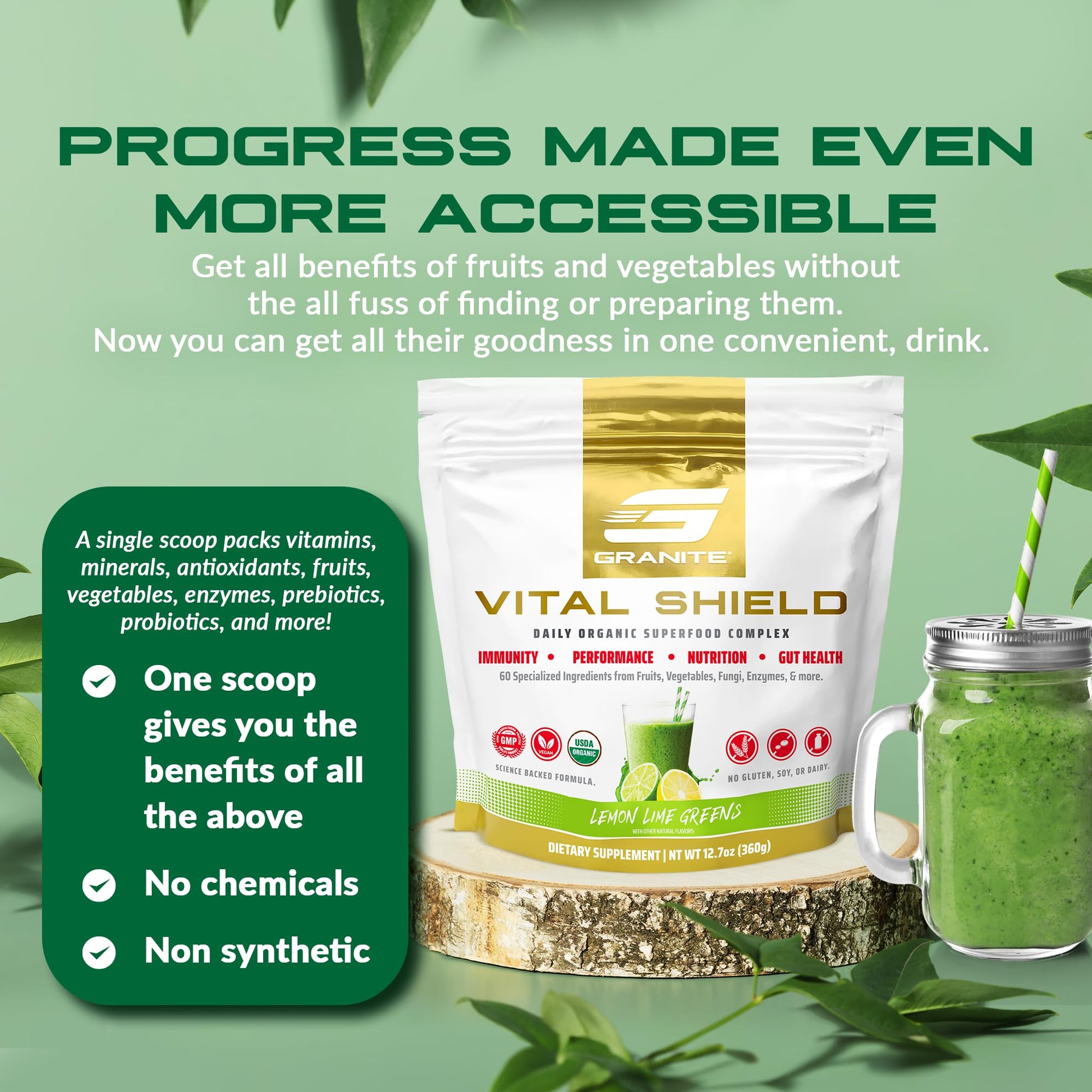 Granite Nutrition Vital Shield - USDA Organic Superfood Greens with Mushrooms & Tart Cherry – Supports Energy, Immune Function & Digestive Health – Lemon Lime Flavor (30 Servings) Granite SupplementsBuy Supplements Australia