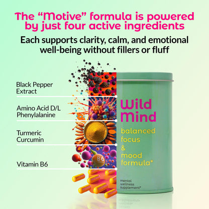 Wild Mind Mental Clarity Balanced Focus & Mood Support Supplement for Mental Wellness– 4-Ingredient Nootropic Brain Support for Calm & Energy – Vegan, 90 Capsules, 30-Day Supply Wild MindBuy Supplements Australia