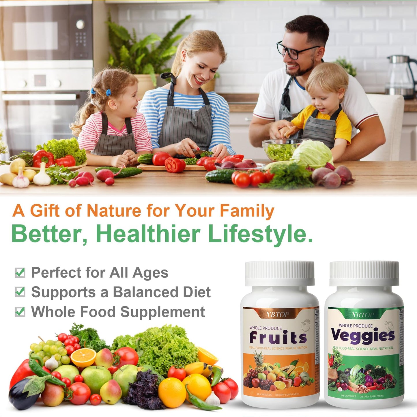 VBTOP Fruit & Vegetable Supplement - Natural Ingredients - 2 Bottles - 180 Capsules Total | A Blend of 20+19 Natural Whole Fruits & Vegetables, a Fresh superfood Formula Rich in Vitamins and Minerals VBTOPBuy Supplements Australia
