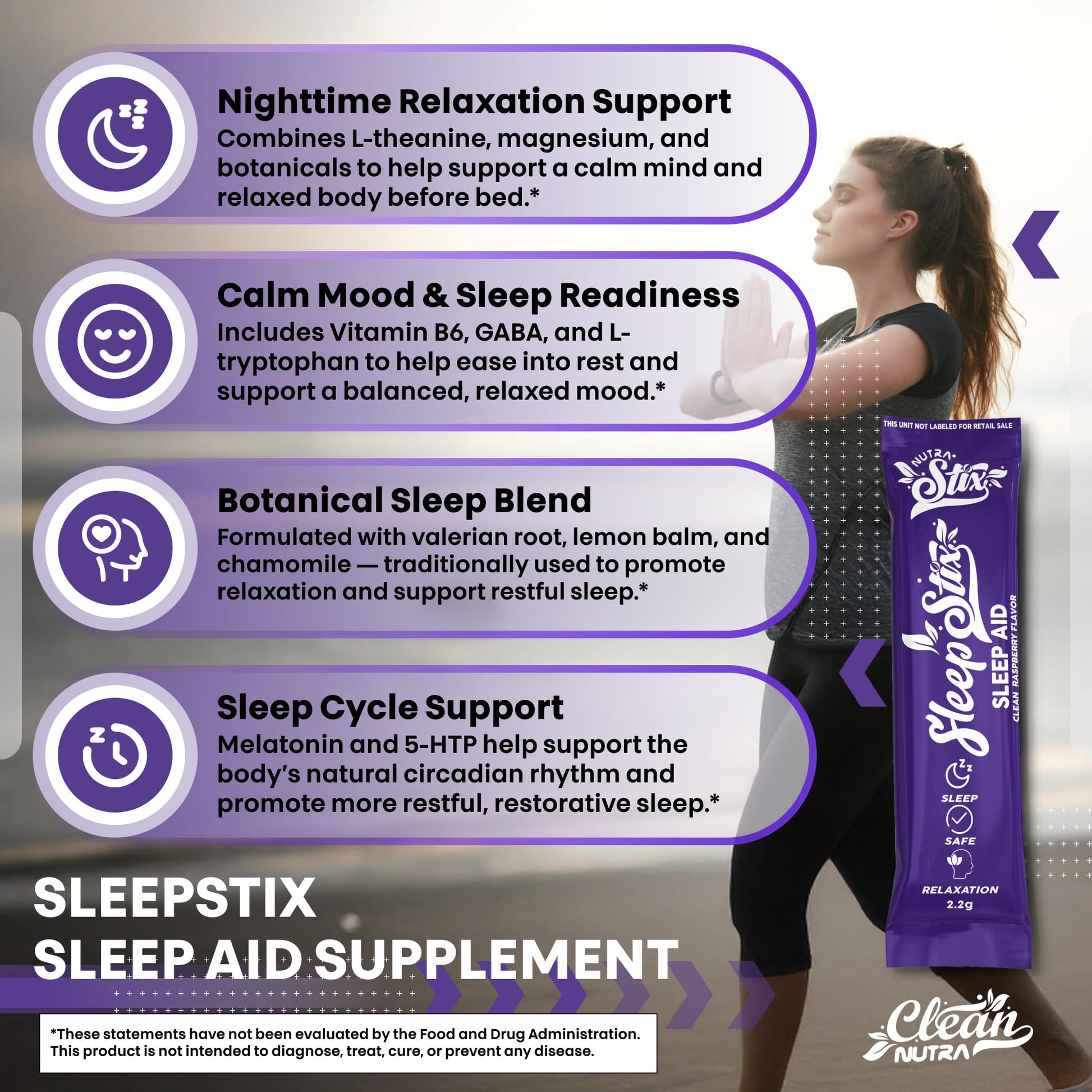 Sleep Aid Melatonin Powder Tryptophan Glycine Valerian Root Magnesium For Sleep Lemon Balm L Theanine Magnesium Glycinate Zinc Sleep Aid Myo Inositol GABACalm B6 5 HTP Stress Relief 20 Stix Clean NutraceuticalsBuy Supplements Australia