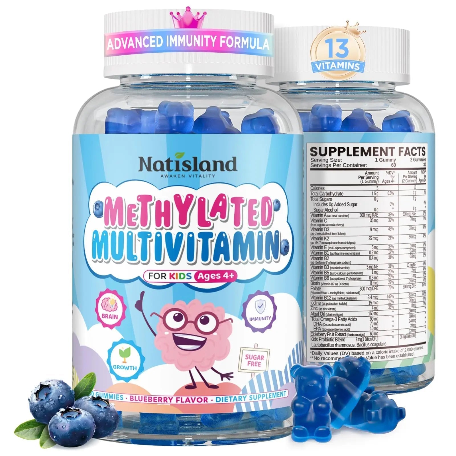 Kids Methylated Multivitamin - MTHFR Multivitamin for Kids & Teens 4+, L Methylfolate & B12, 13 Vitamins, Vegan Omega-3 NATISLANDBuy Supplements Australia