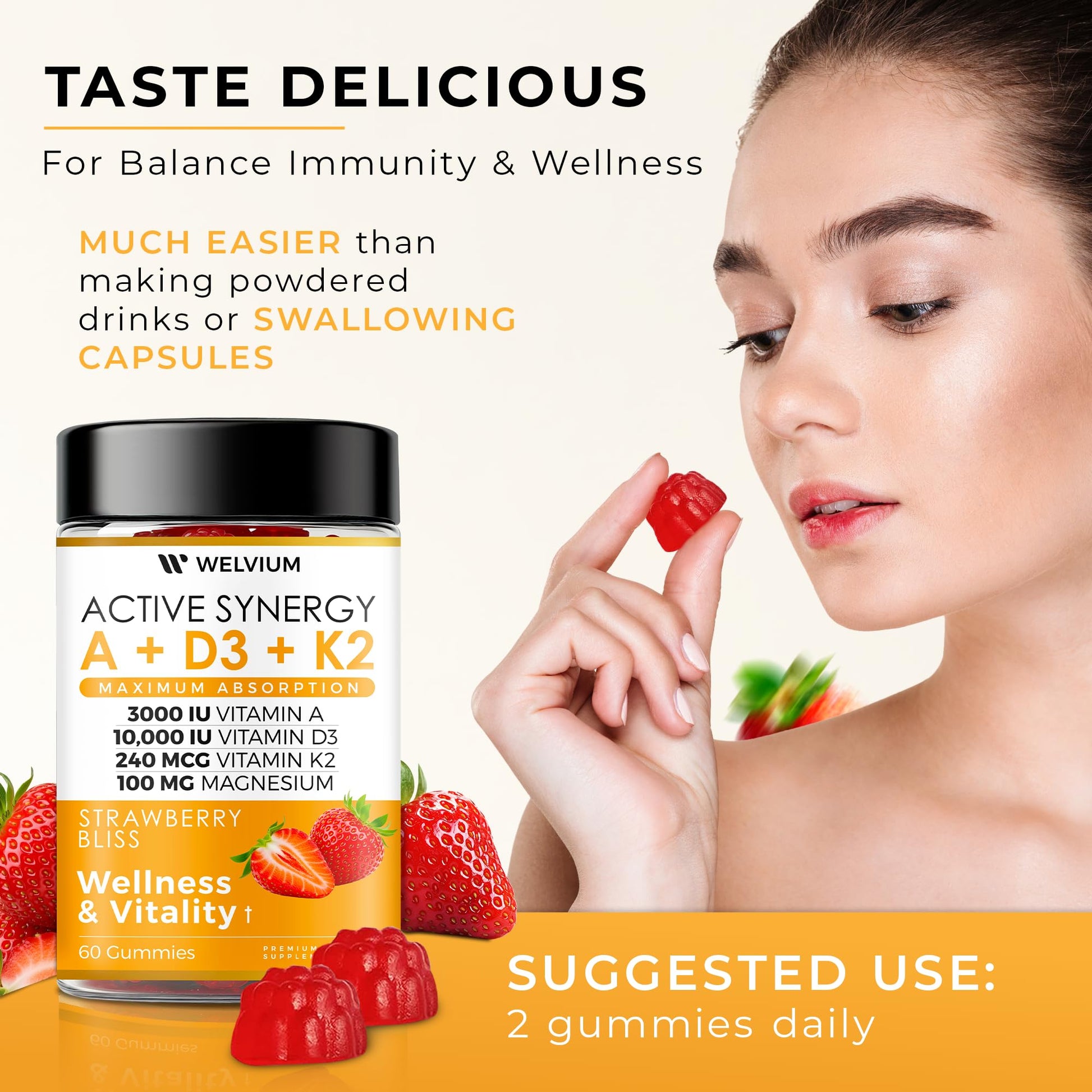 WELVIUM Vitamin D3 K2 Gummies 10000 IU with Magnesium Glycinate, Calcium, B12, K2 MK-7, Vitamins A, E, Lutein, Zeaxanthin - ADK Chewable Supplement for Bone, Eye, Immune Support - D3K2 Gummies WELVIUMBuy Supplements Australia
