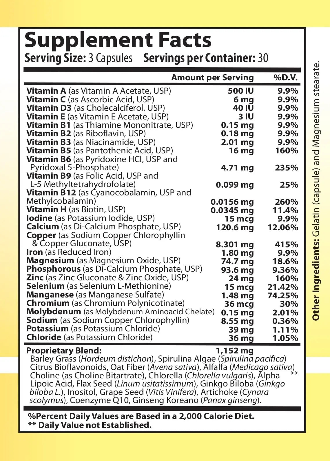 Vitamin Complex Multivitamins and Multiminerals - 12 Vitamins and 14 Minerals, Vitamin A C D3 E B1 B2 B3 B5 B6 B9 B12 H and Minerals Main Products
