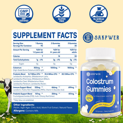 Sakpwer Bovine Colostrum Supplement Gummies - with 60% Highest IgG, Lactoferrin, Probiotics and Prebiotics for Adults and Kids, Vanilla Flavor & Sugar Free, 90 Gummies SakpwerBuy Supplements Australia