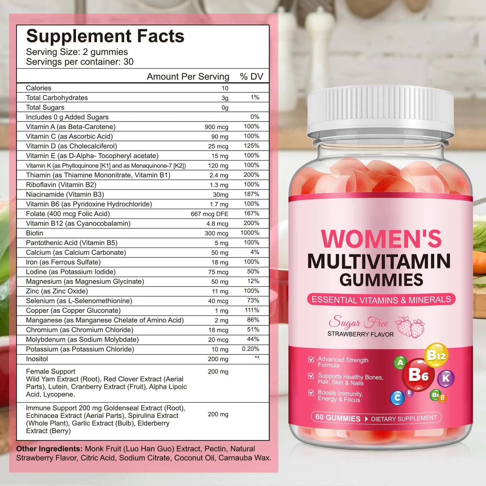 Women's Multivitamin Gummy, Vitamins A, C, D, E, K, B6, and B12 Womens Daily Multivitamin Gummy for Hair,Skin & Nails, Immune Energy Frovetani