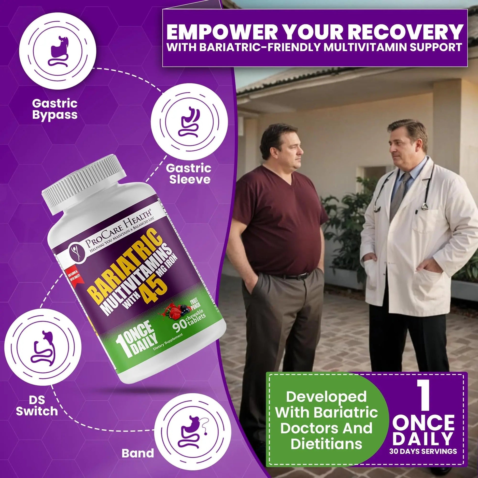Procare Health Bariatric Multivitamin with Iron 45mg Chewable (90 Tablets) - Fruit Punch Flavor Bariatric Multivitamin Chewable Pills for Gastric Bypass ProCare HealthBuy Supplements Australia
