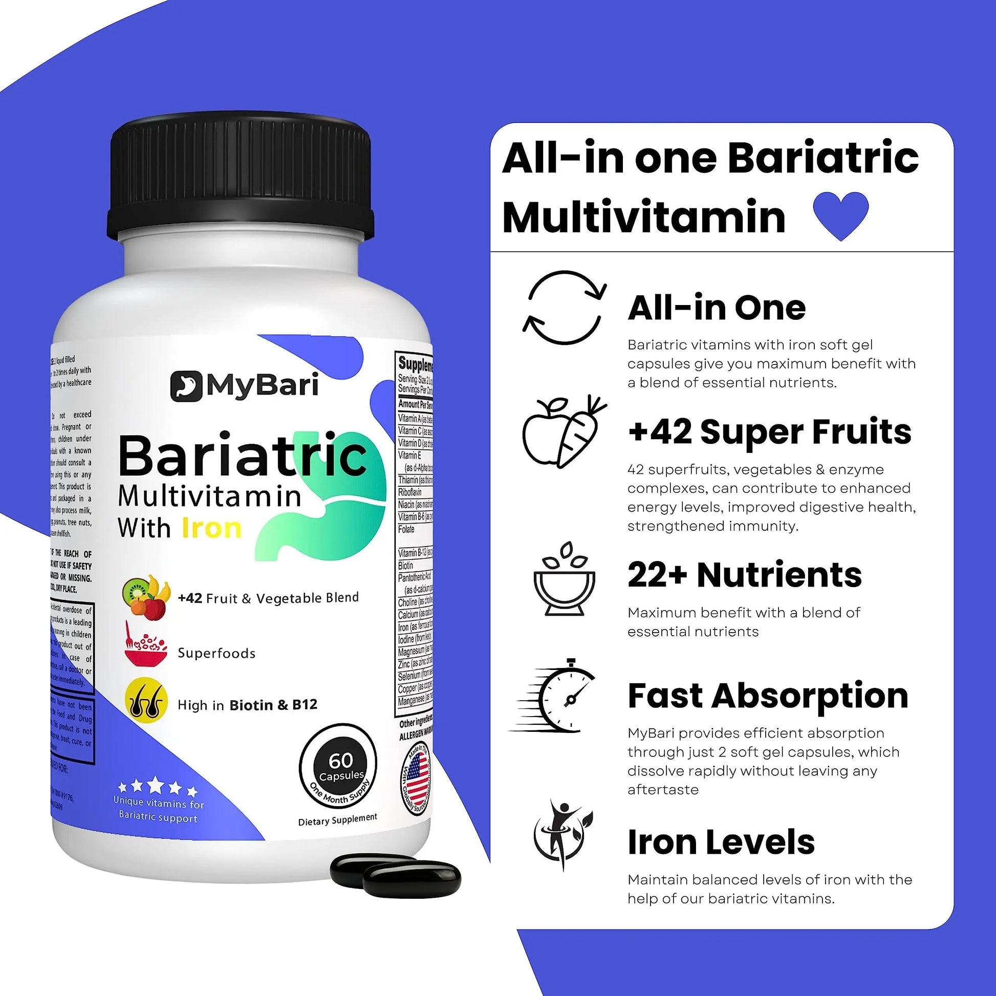 MyBari All-in-One Bariatric Multivitamin with Iron - Made in USA - for Men & Women - Supports Gastric Sleeve & Bypass with 42+ Fruit & Veggie Blend - 60 Liquid Capsules MyBariBuy Supplements Australia