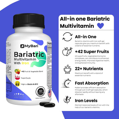 MyBari All-in-One Bariatric Multivitamin with Iron - Made in USA - for Men & Women - Supports Gastric Sleeve & Bypass with 42+ Fruit & Veggie Blend - 60 Liquid Capsules MyBariBuy Supplements Australia