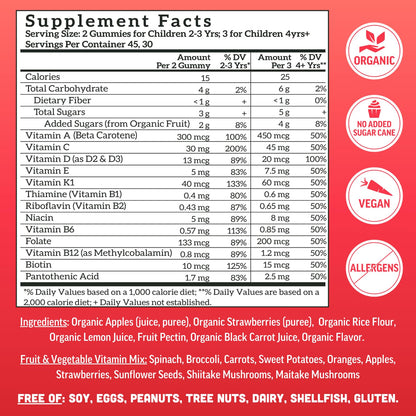 Llama Naturals Kids Multivitamin Gummies | Real Fruit, No Added Sugar Cane | Organic Vegan Toddler Whole Food Vitamins | Vitamin D, C & Beta Carotene Gummy Supplement