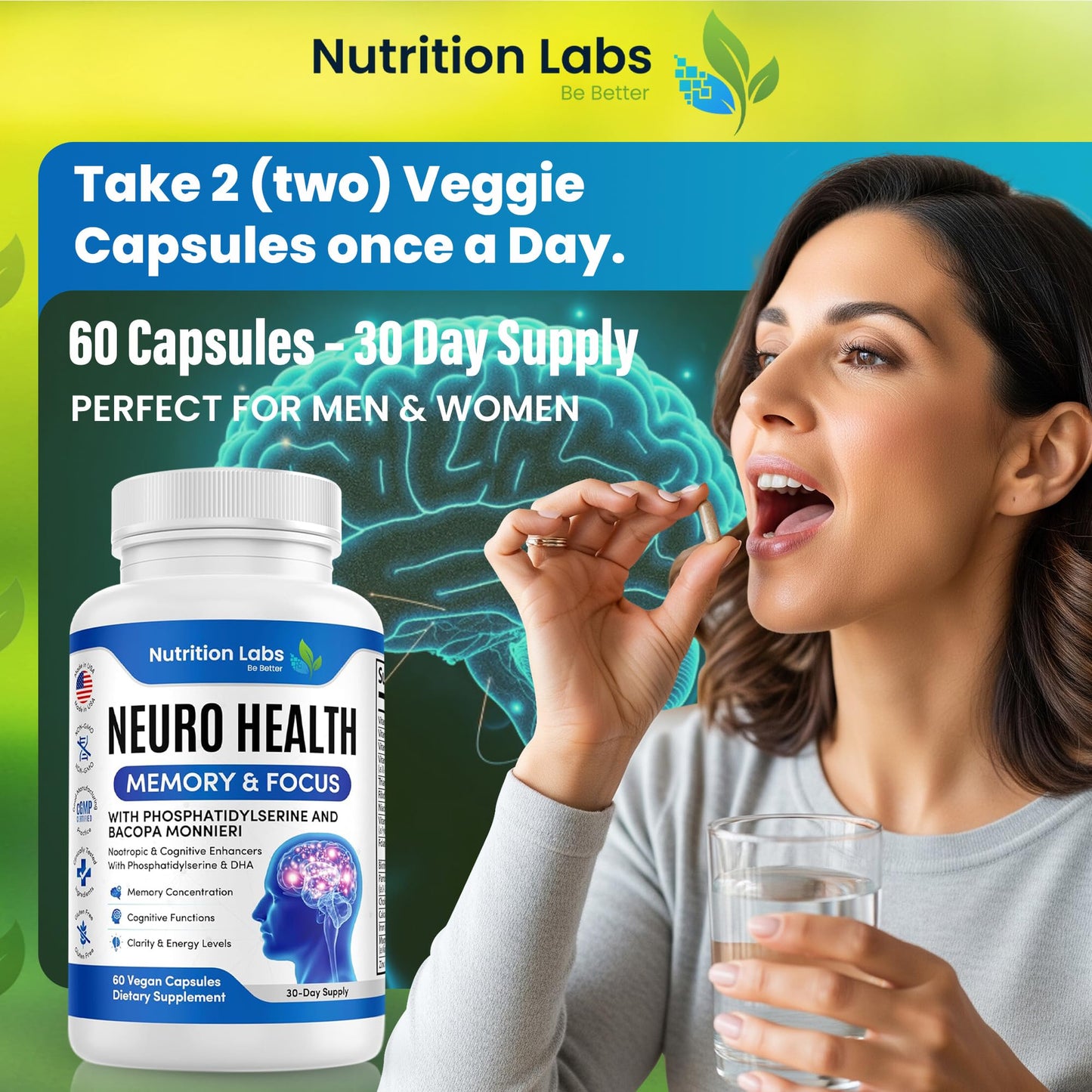 Nootropic & Neuro Brain Supplement for Memory & Focus Support. Clinically Tested Vitamins for Mental Support & Cognitive Clarity W/Bacopa Monnieri, VIT A, B6, Riboflavin, Niacin, Thiamin & Folate NUTRITION LABS BE BETTERBuy Supplements Australia