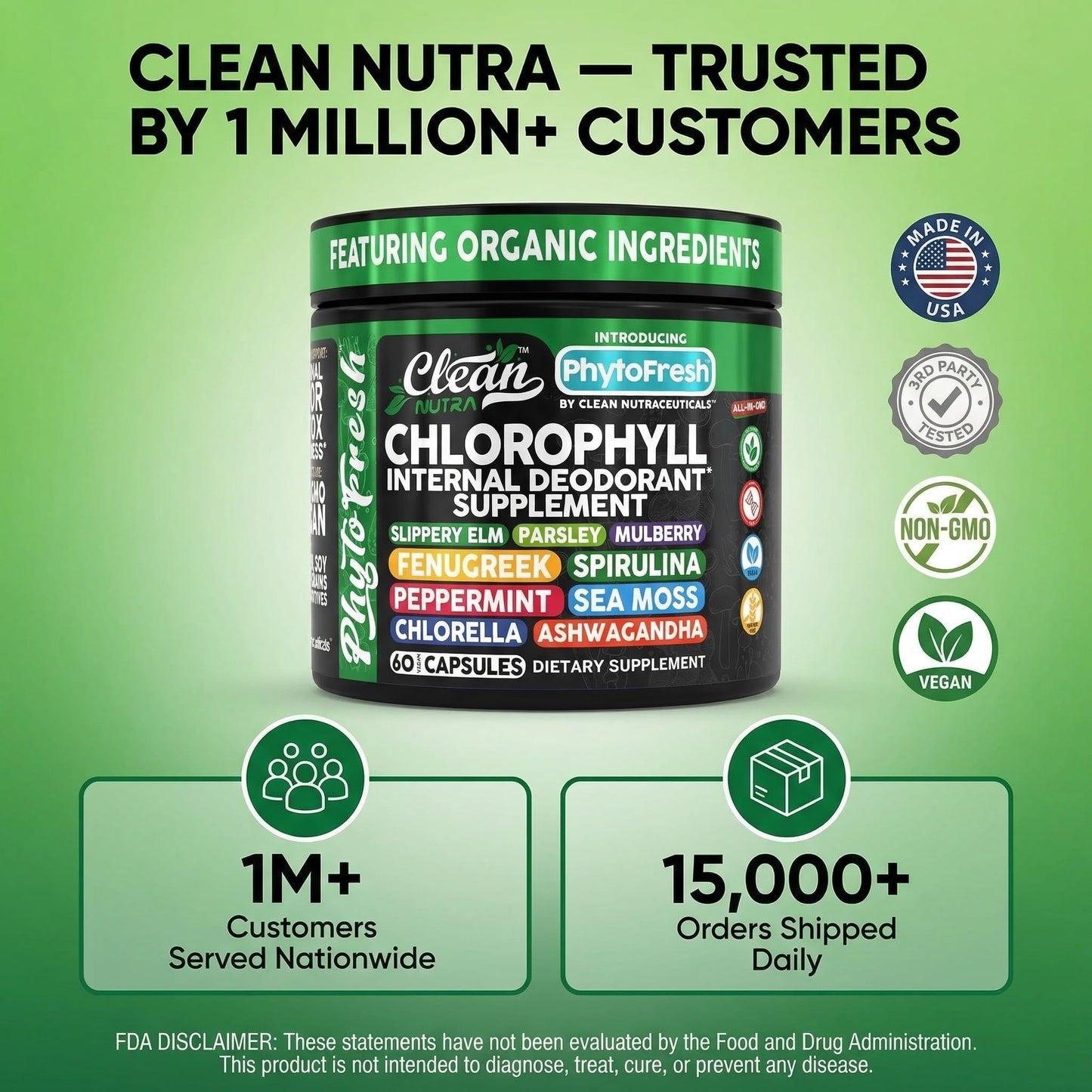 Clean Nutra Chlorophyll Capsules Supplement Internal Deodorant Peppermint, Sea Moss, Parsley, Chlorella, Spirulina, Slippery Elm, Ashwagandha, PhytoFresh Greens Detox Pills Clean NutraceuticalsBuy Supplements Australia