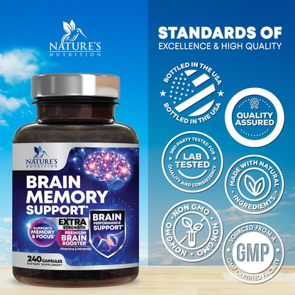 Brain Memory Supplement Pills - 3X Strength Nootropics for Concentration, Clarity & Focus Support - Brain Health Cognitive Vitamins with Bacopa, Phosphatidylserine & DMAE, Brain Booster - 240 Capsules Nature's NutritionBuy Supplements Australia