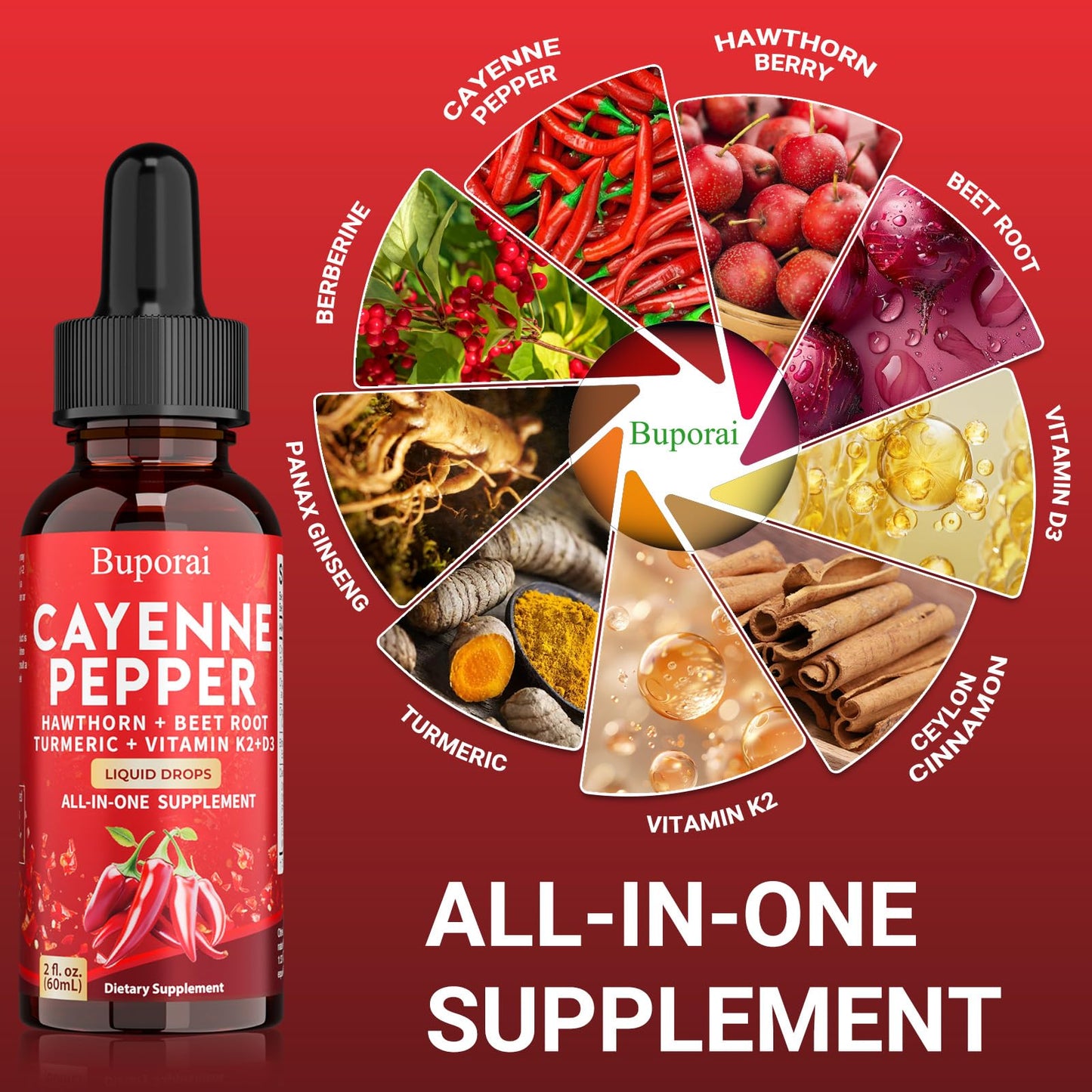 Buporai Cayenne Pepper Drops, Cayenne Pepper Extract Liquid Supplement for Overall Well-Being, 2 fl oz, Vitamin D3 K2 Beet Root Powder BuporaiBuy Supplements Australia