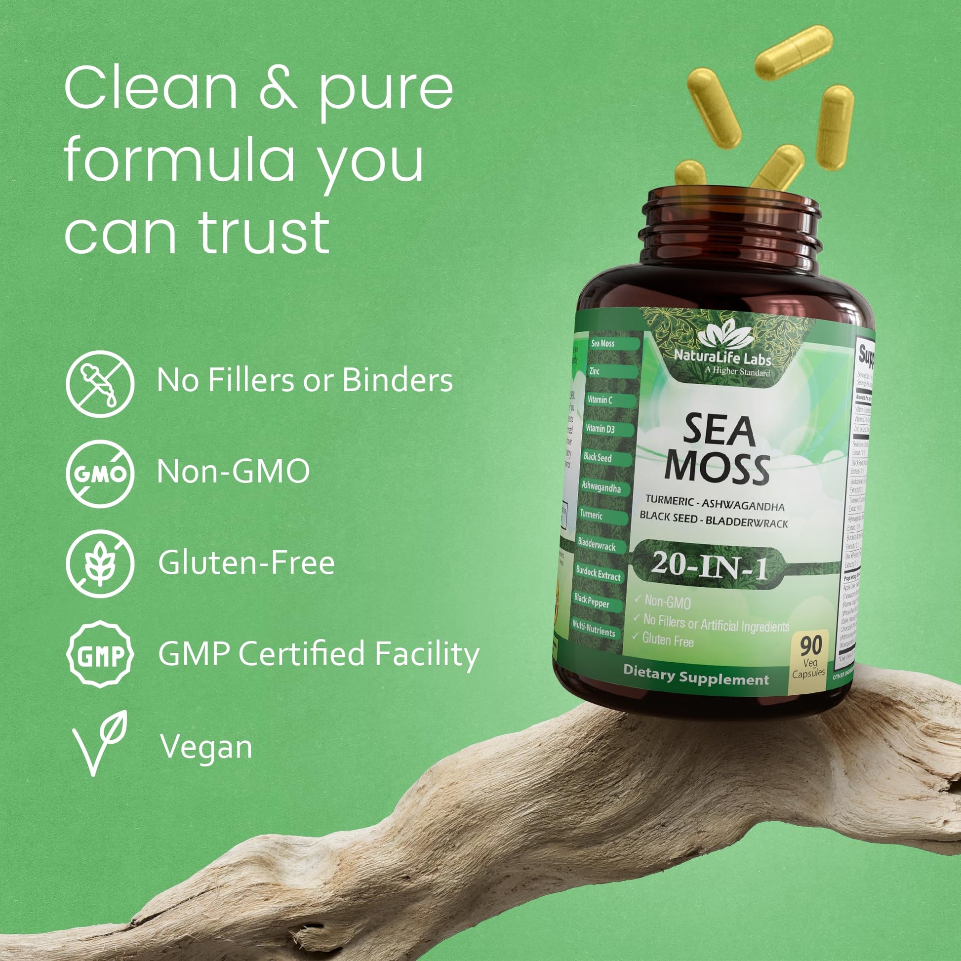 Sea Moss, Black Seed Oil, Bladderwrack, Turmeric, Ashwagandha, Burdock, Vitamin C, D3, Yellow Dock Root, Manuka, Dandelion - 90 Veggie caps NaturaLife LabsBuy Supplements Australia