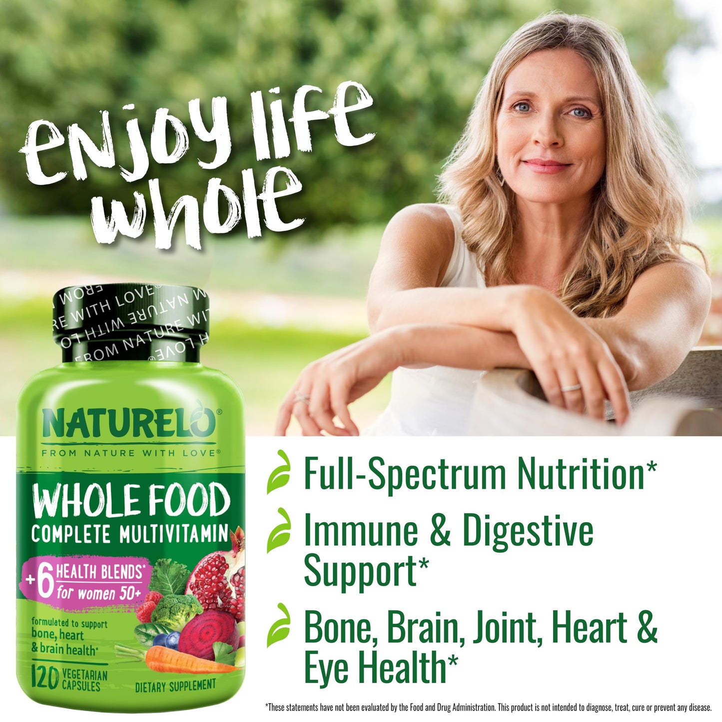 NATURELO Whole Food Multivitamin for Women 50+ (Iron Free) with Vitamins, Minerals, & Organic Extracts - Supplement for Post Menopausal Women Over 50