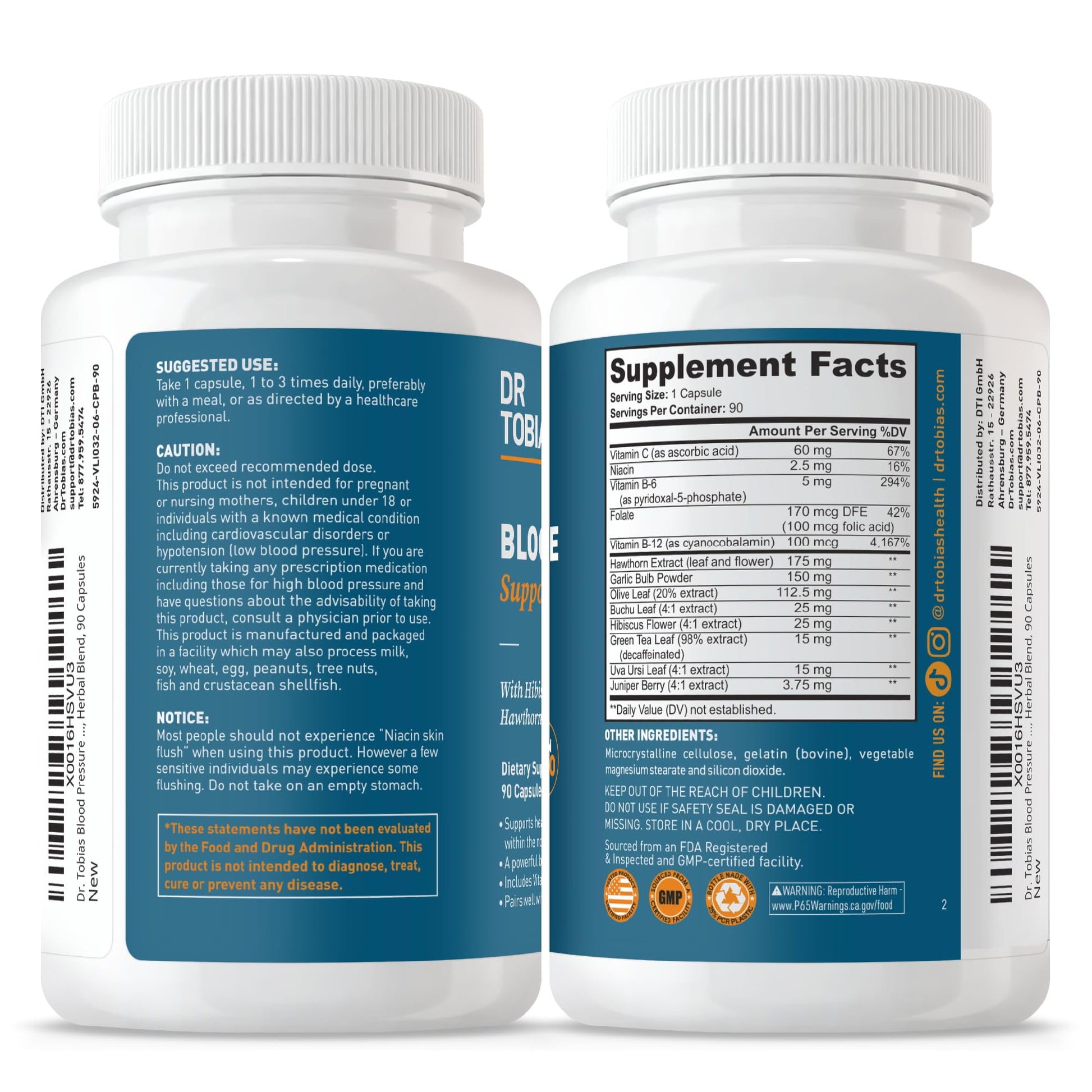 Dr. Tobias Blood Pressure Support Supplement with Hawthorn, Hibiscus Flower, Olive Leaf & Garlic, Supports Normal Circulatory Health with Vitamins C, B6, B12, Niacin, Folate & Herbs, 90 Capsules Dr. TobiasBuy Supplements Australia