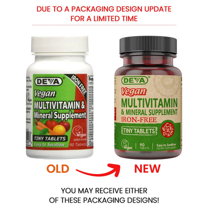 DEVA Vegan Iron-Free Multivitamin & Mineral Supplement, Vitamin C, D2, E & B-Complex, Biotin, 90 Tiny Tablets DEVA