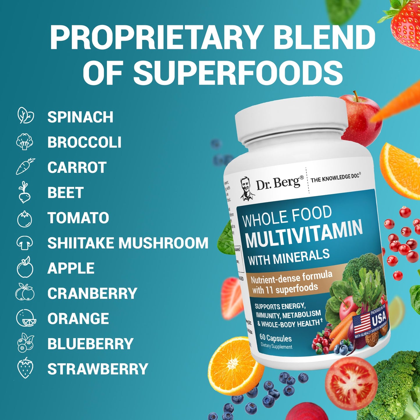 Dr. Berg Whole Food Multivitamin with Minerals - Daily Multivitamin for Men and Women - Includes Premium Whole Food Fruits and Vegetable Blend with Folate