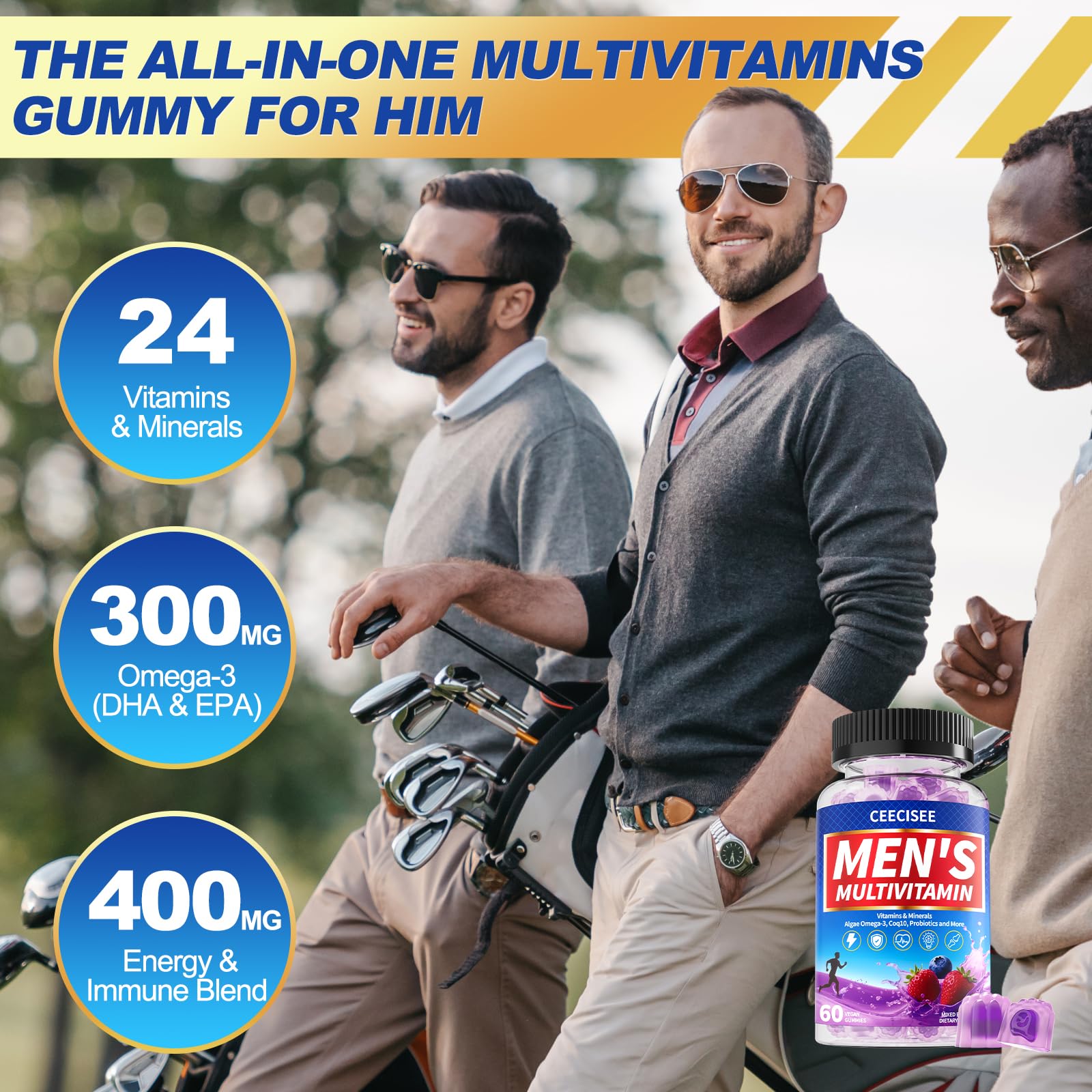 Ceecisee Men’s Methylated Multivitamin Gummies: Chewable Multivitamins Mens Gummy with Omega Probiotic Magnesium Zinc Vitamins B12 D3 - No Iron Daily Supplement Support Energy Immune for Men(120Count) CeeciseeBuy Supplements Australia