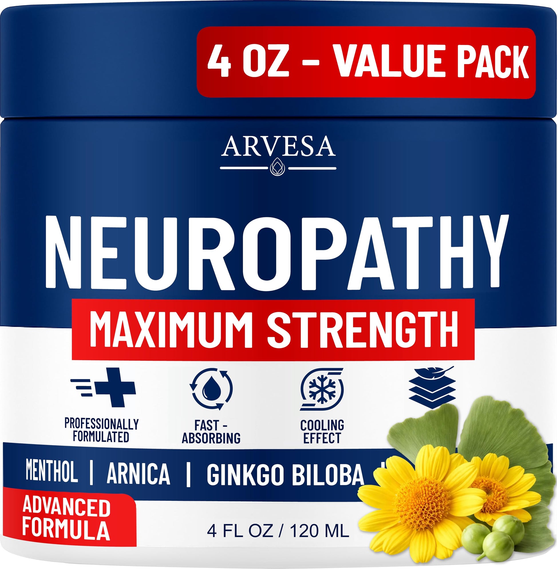 Neuropathy Cream - Maximum Strength - Arnica, MSM, Hemp Seed Oil, Ginkgo Biloba, Capsaicin - Non-Greasy with Cooling Effect - Value Pack - Natural Ingredients - Formulated in USA ArvesaBuy Supplements Australia
