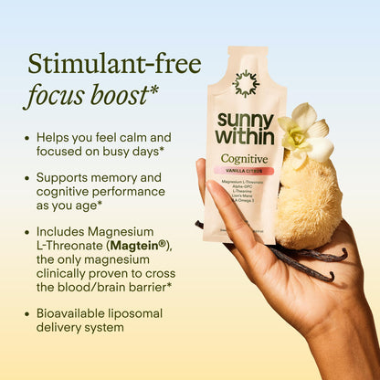 Sunny Within - Brain Health Supplement - Magnesium L-Threonate from Magtein®, Lion’s Mane, Alpha GPC, L-Theanine, ALA & Avocado Oil - Focus, Mood & Memory Support* - 30 Daily Vegan Pouches Sunny WithinBuy Supplements Australia