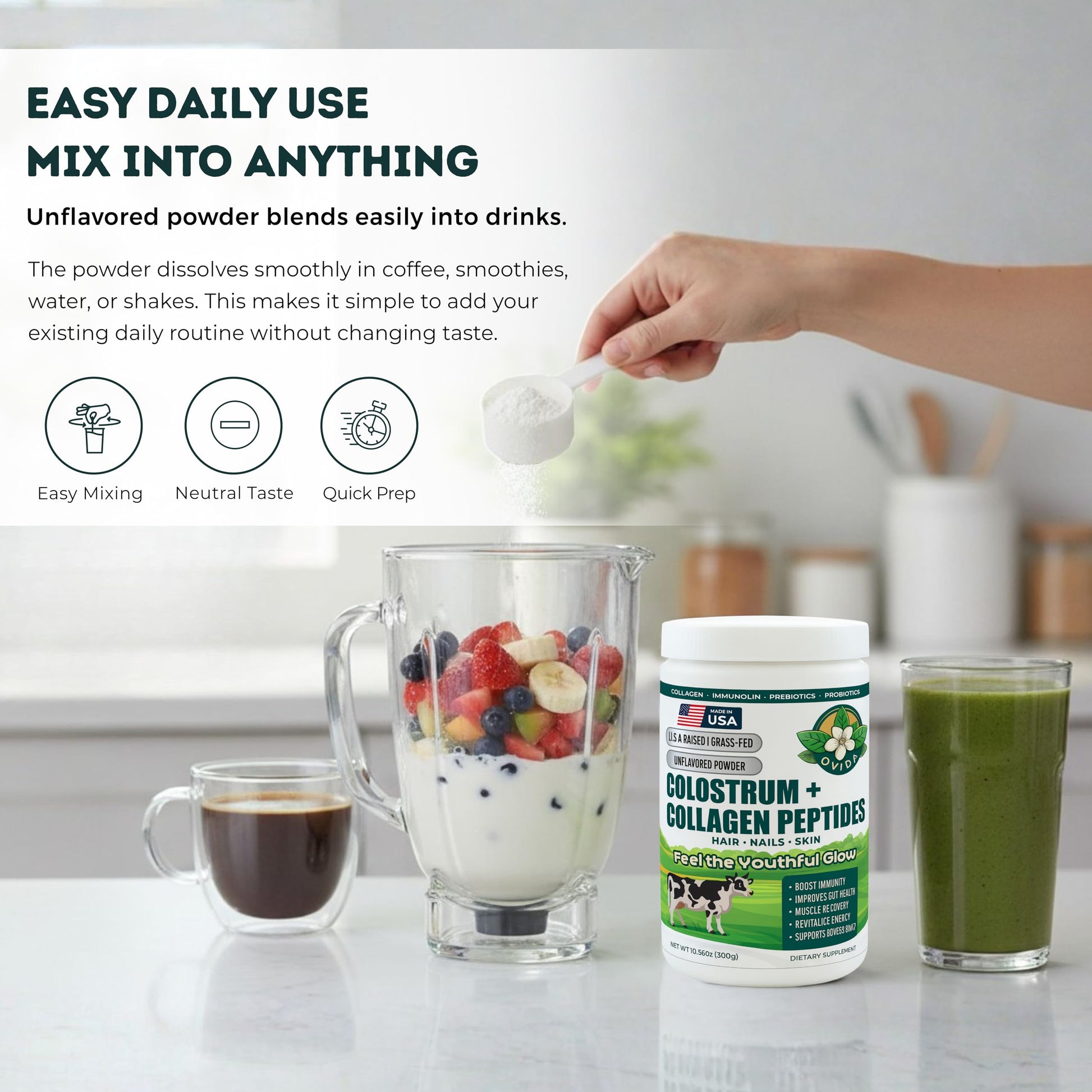 Bovine Colostrum and Hydrolyzed Collagen Peptides Powder Supplement for Women & Men - Supports Gut Health, Joint & Bone Health, Hair Skin Nails - Grass-Fed, Non-GMO, Gluten Free, 300g (30 Servings) OVIDABuy Supplements Australia