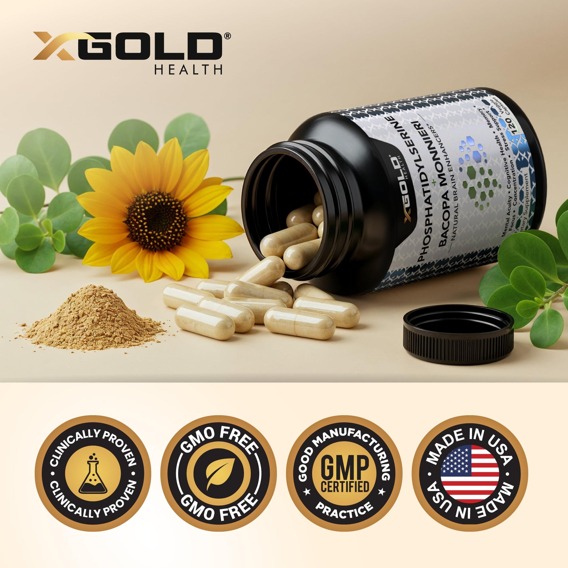 PhosphatidylSerine & Bacopa Monnieri 800 mg 2 in 1 Supplement - Natural Brain Enhancer/Nootropic for Enhanced Focus and Concentration, Memory Support, & Cognitive Function - 120 Vegetarian Capsules X Gold HealthBuy Supplements Australia