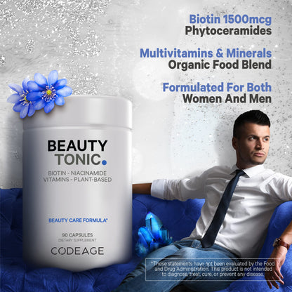 Codeage Biotin Supplement with Vitamin C, Vitamin E, Vitamin B6, Niacin, Folate, Organic Food Blend, Phytoceramides, Astaxanthin, Selenium - Beauty Tonic - Hair, Skin, and Nail Support - Vegan, 90 Ct CodeageBuy Supplements Australia