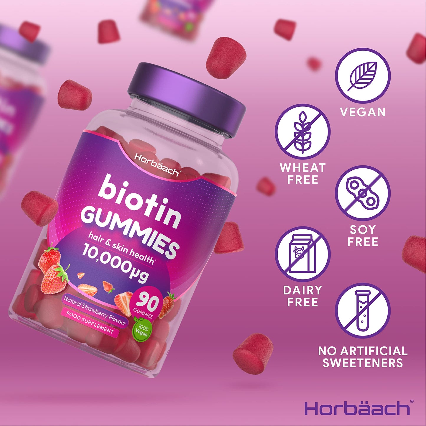 Biotin Gummies 10,000mcg | 90 Vegan Vitamins | Natural Strawberry Flavour HorbäachBuy Supplements Australia
