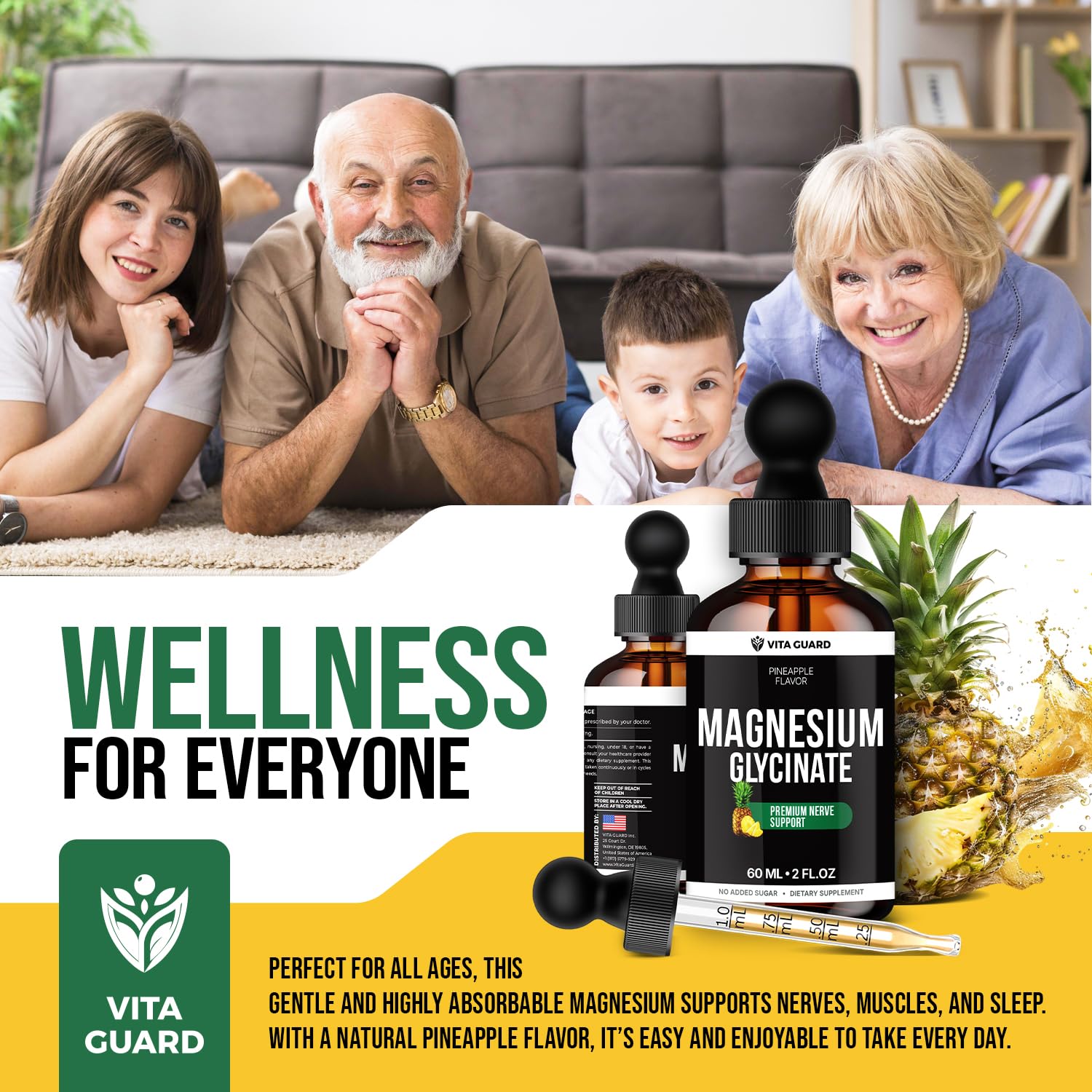 Magnesium Glycinate 500mg Liquid Drops – Sugar-Free Magnesium Supplement, Vegan Formula, 60 mL Flavor Pineapple Vita GuardBuy Supplements Australia