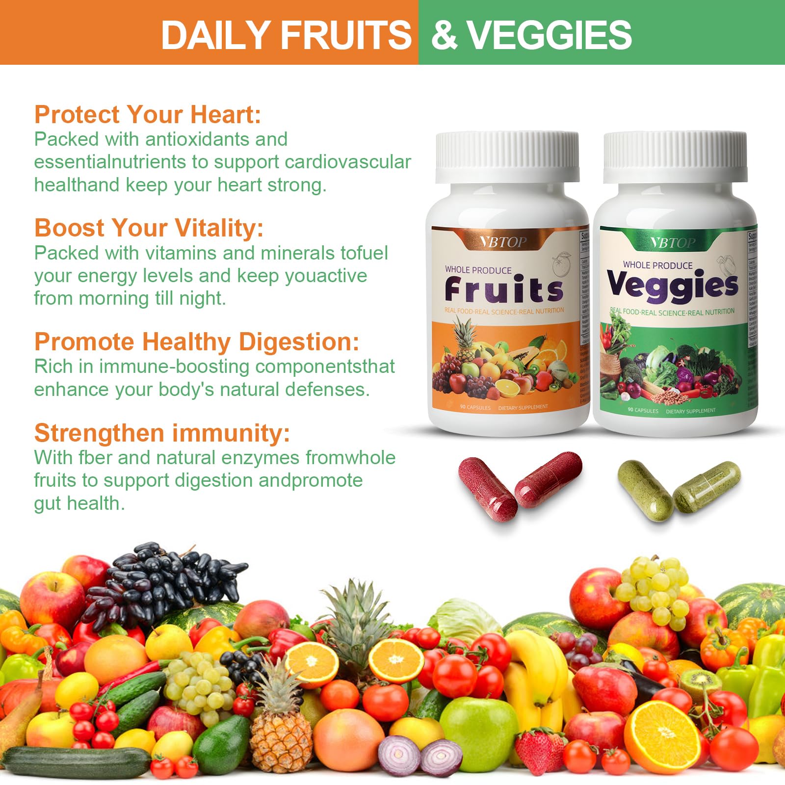 VBTOP Fruit & Vegetable Supplement - Natural Ingredients - 2 Bottles - 180 Capsules Total | A Blend of 20+19 Natural Whole Fruits & Vegetables, a Fresh superfood Formula Rich in Vitamins and Minerals VBTOPBuy Supplements Australia