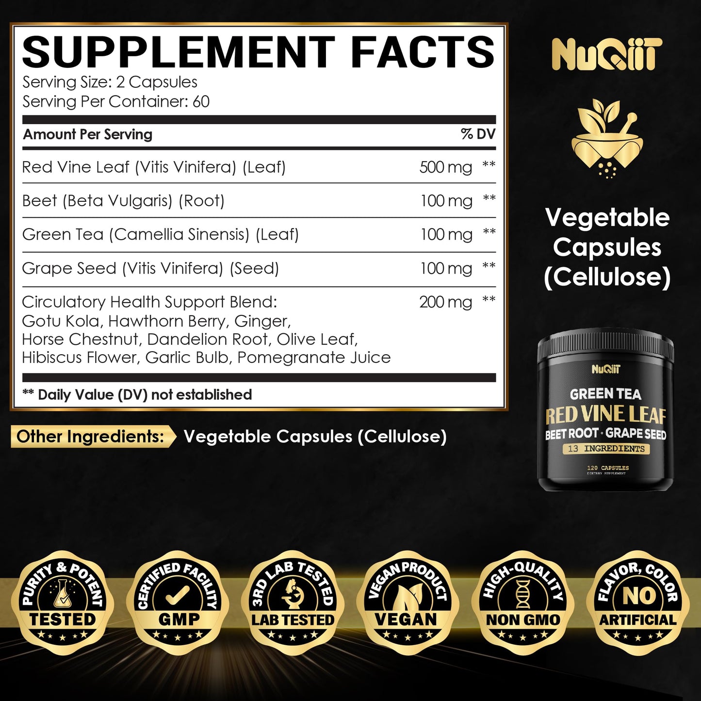 Red Vine Leaf Extract 15000mg Beet Root 3000mg Organic Green Tea 3000mg Supplement & More - Support Heart Health, Strength, Immune System & Body Management - 120 Vegan Capsules for 2-Month Supply NUQIITBuy Supplements Australia