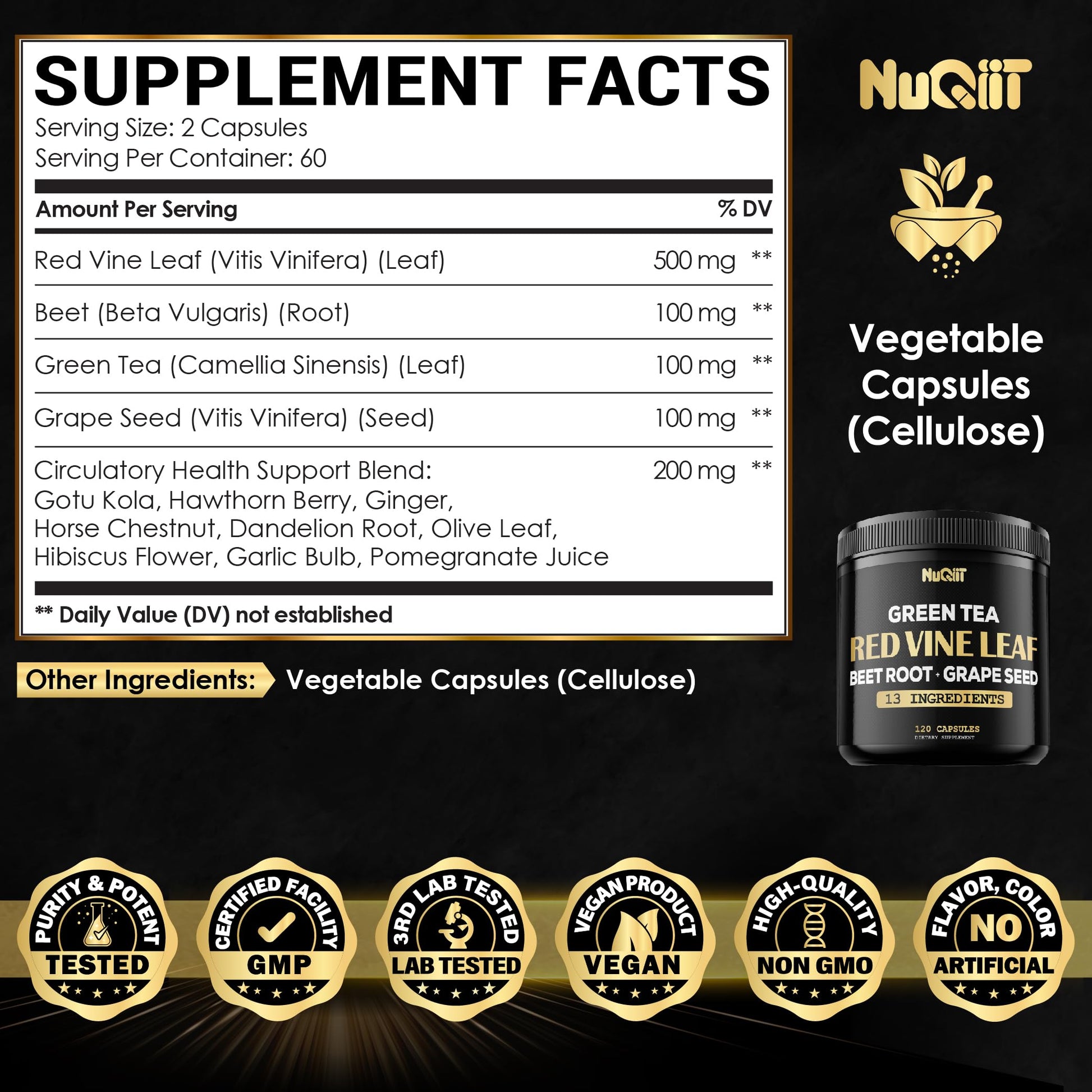 Red Vine Leaf Extract 15000mg Beet Root 3000mg Organic Green Tea 3000mg Supplement & More - Support Heart Health, Strength, Immune System & Body Management - 120 Vegan Capsules for 2-Month Supply NUQIITBuy Supplements Australia