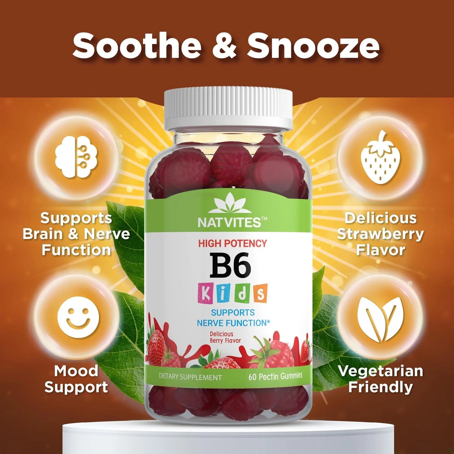 Natvites High-Potency Vitamin B6 Gummies for Kids - Delicious Berry Flavored VIT B6 Vitamins 50mg - Supports Nerve Function - Vegetarian Gluten Free Non-GMO Children's 50 mg B 6 Supplement (60 Count) NatvitesBuy Supplements Australia