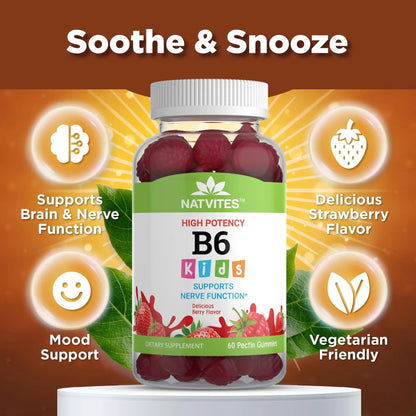 Natvites High-Potency Vitamin B6 Gummies for Kids - Delicious Berry Flavored VIT B6 Vitamins 50mg - Supports Nerve Function - Vegetarian Gluten Free Non-GMO Children's 50 mg B 6 Supplement (60 Count) NatvitesBuy Supplements Australia