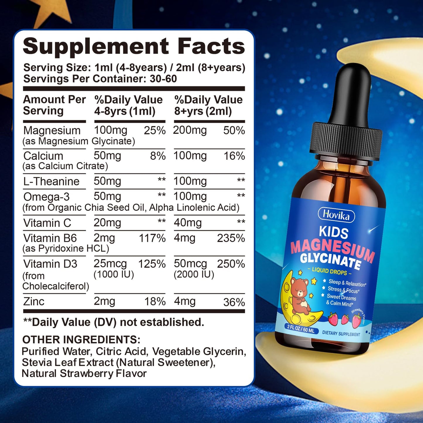 Magnesium Glycinate Liquid for Kids - with L-Theanine Omega-3, Vitamin B6, D3, Zinc - Kids Magnesium Drops for Sleep, Relaxation