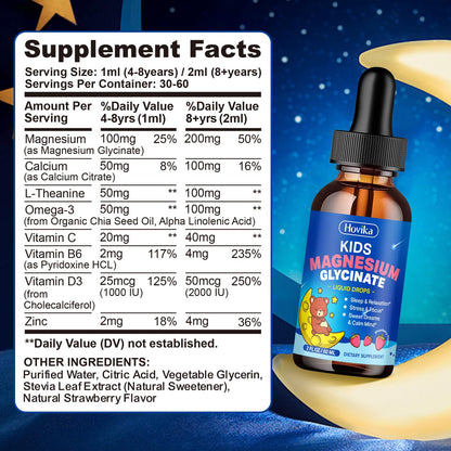 Magnesium Glycinate Liquid for Kids - with L-Theanine Omega-3, Vitamin B6, D3, Zinc - Kids Magnesium Drops for Sleep, Relaxation