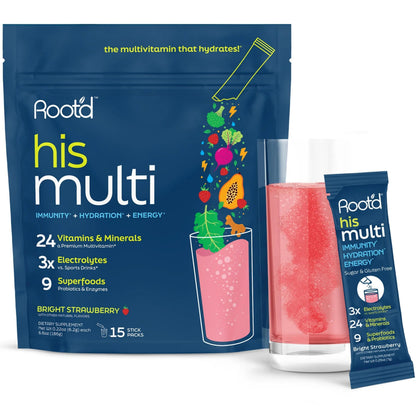 Root'd Multivitamin Powder for Men - 24 Vitamins & Minerals with 3X Electrolytes, 9 Organic Superfoods, Probiotics & Enzymes Root'd
