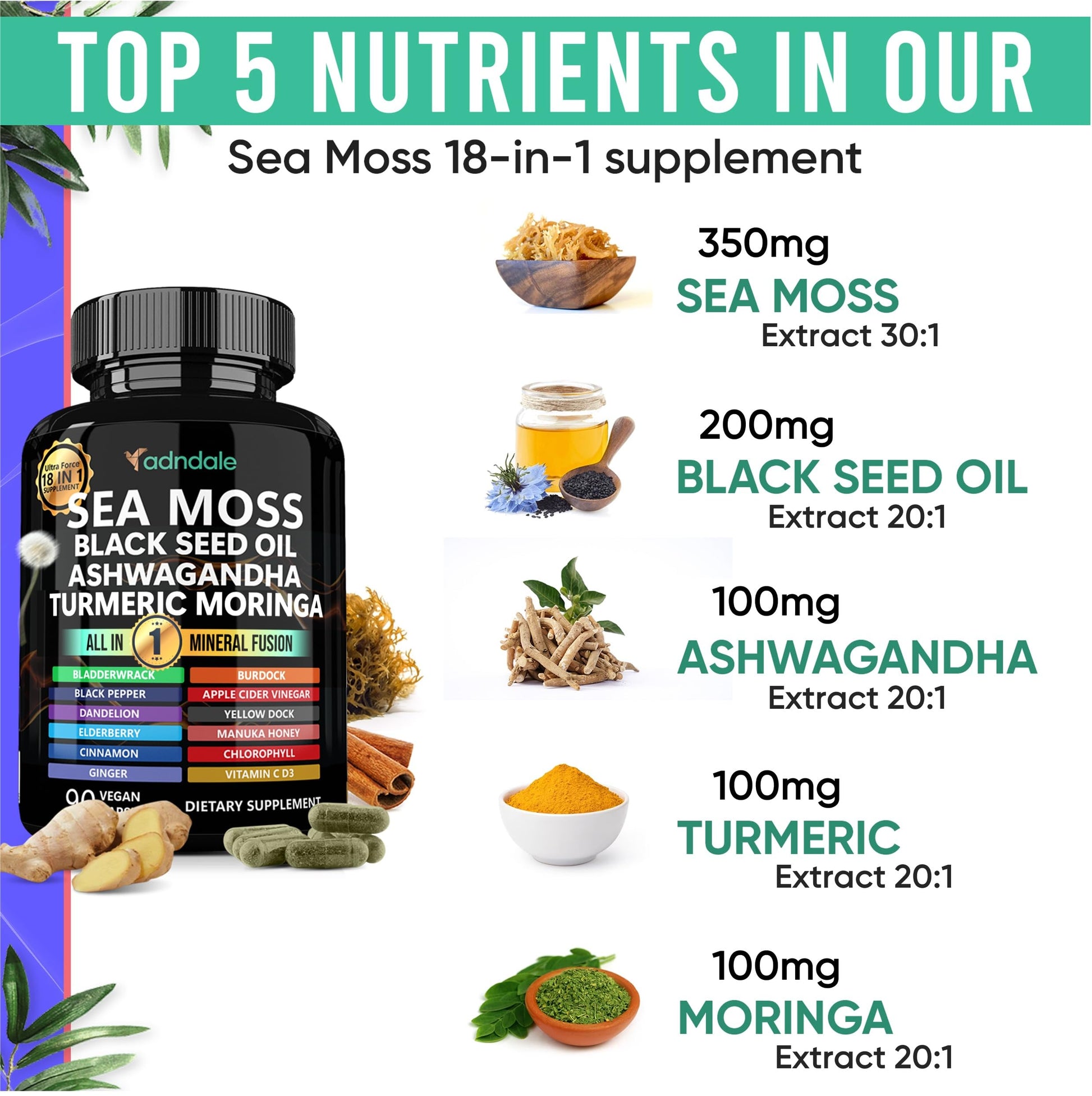 Adndale Sea Moss Capsules - Sea Moss Blend with Ashwagandha, Turmeric & Black Seed Oil - 180 Count AdndaleBuy Supplements Australia