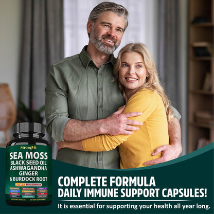 StrongVit Sea Moss Black Seed Oil Ashwagandha Ginger, Organic Sea Moss Capsules with Burdock Root, Irish Seamoss Pills with Bladderwrack, Advanced Multimineral Supplement, USA StrongVitBuy Supplements Australia