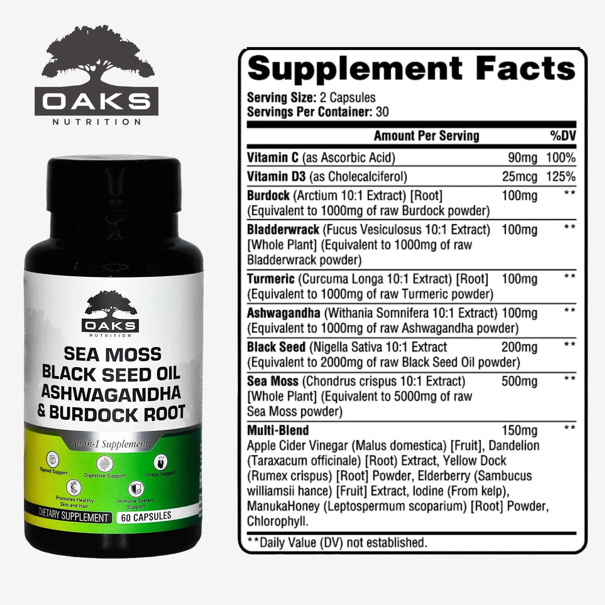 Oaks Nutrition Premium 15-in-1 Sea Moss Multivitamin with Black Seed Oil, Ashwagandha, Turmeric, Bladderwrack, Burdock, Elderberry Oaks NutritionBuy Supplements Australia