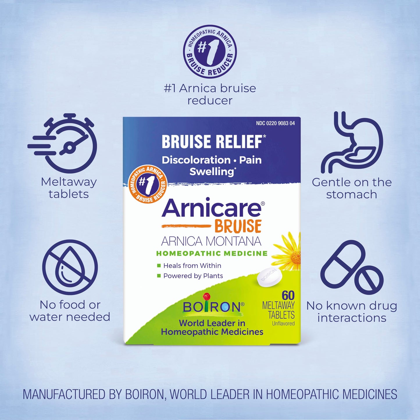 Boiron Arnicare Bruise for Relief of Pain or Swelling from Injuries, and Discoloration of Bruises - 60 Tablets BoironBuy Supplements Australia
